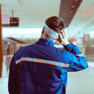 Industrial worker in uniform with bandage representing personal injury - The Law Offices of Timothy Connors.